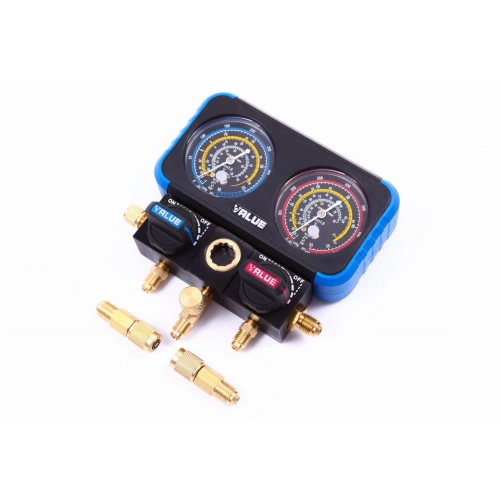 Манометрический коллектор Value VRM2-B-0401 (R22, R134A, R410A, R407C; 2-х вентильный; 3 шланга 150см, переходники с R-410A / R-22; упак. кейс)1