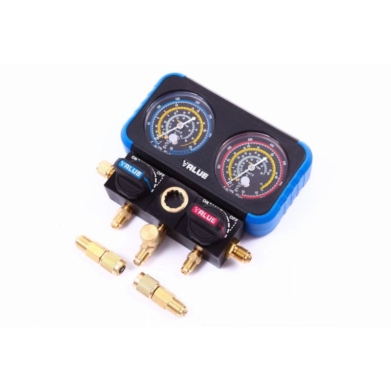 Манометрический коллектор Value VRM2-B-0401 (R22, R134A, R410A, R407C; 2-х вентильный; 3 шланга 150см, переходники с R-410A / R-22; упак. кейс)1
