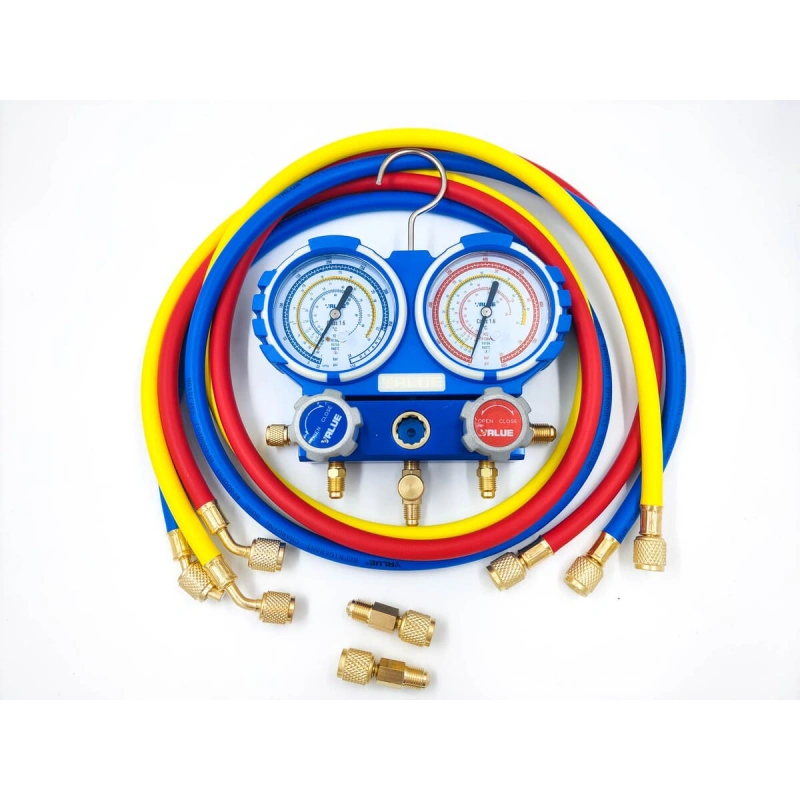 Манометрический коллектор VALUE VMG-2-R410A-02 (R410,407,134,22) 2-х вентильный, в кейсе, 3 шланга 120 см, 2 адаптера R410 x R 22, манометры 80 мм